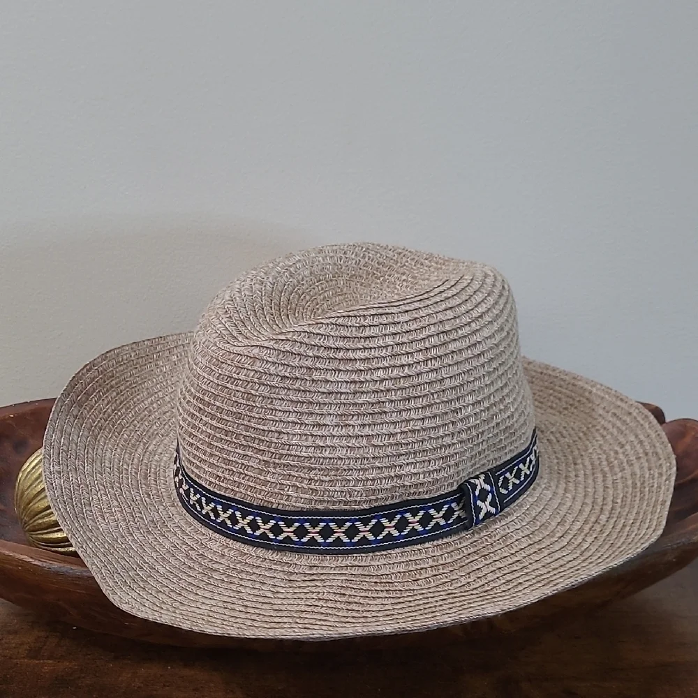 Chico's Tan Fedora with Navy Blue Ribbon Accent